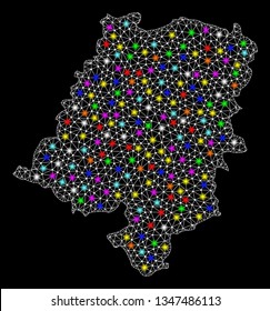 Polygonal vector map of Opole Province with glare effect on a black background. Abstract triangles, lines, light colored spots, dots forms map of Opole Province. White mesh,