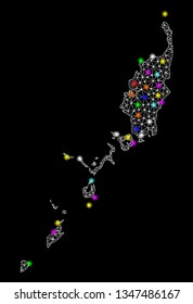 Polygonal vector map of Palau Islands with glow effect on a black background. Abstract triangles, lines, light colored spots, nodes forms map of Palau Islands. White mesh,