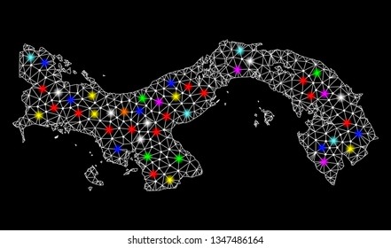 Polygonal vector map of Panama with glare effect on a black background. Abstract triangles, lines, light colorful spots, nodes forms map of Panama. White mesh,