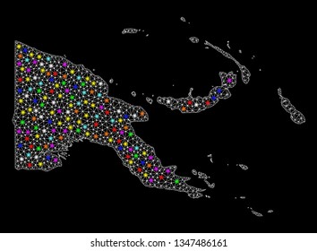 Polygonal vector map of Papua New Guinea with glare effect on a black background. Abstract triangles, lines, light colorful spots, dots forms map of Papua New Guinea. White mesh,