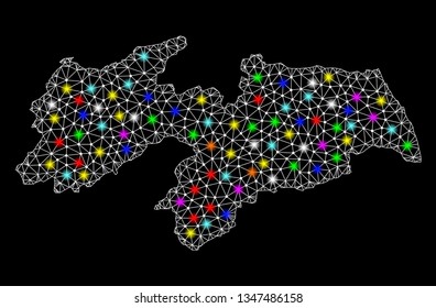 Polygonal vector map of Paraiba State with glow effect on a black background. Abstract triangles, lines, light colorful spots, dots forms map of Paraiba State. White mesh,