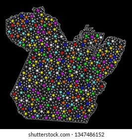 Polygonal vector map of Paral State with glare effect on a black background. Abstract triangles, lines, light colorful spots, points forms map of Paral State. White mesh,