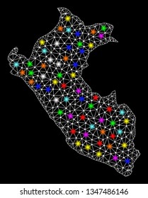 Polygonal vector map of Peru with glow effect on a black background. Abstract triangles, lines, light colored spots, nodes forms map of Peru. White mesh,