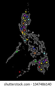 Polygonal vector map of Philippines with glare effect on a black background. Abstract triangles, lines, light colorful spots, nodes forms map of Philippines. White mesh,