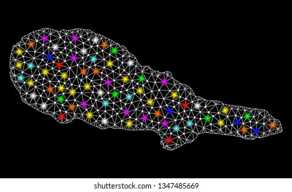 Polygonal vector map of Pico Island with glow effect on a black background. Abstract triangles, lines, light colored spots, nodes forms map of Pico Island. White mesh,