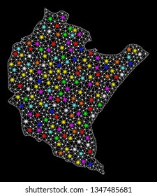 Polygonal vector map of Podkarpackie Province with glare effect on a black background. Abstract triangles, lines, light colorful spots, nodes forms map of Podkarpackie Province. White mesh,