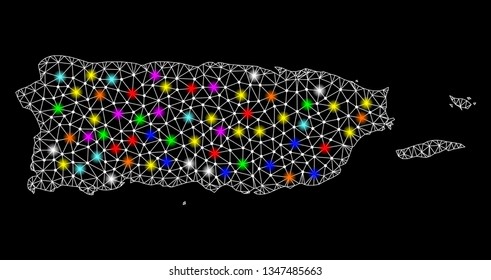 Polygonal vector map of Puerto Rico with glare effect on a black background. Abstract triangles, lines, light colorful spots, dots forms map of Puerto Rico. White mesh,
