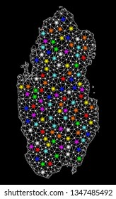 Polygonal vector map of Qatar with glow effect on a black background. Abstract triangles, lines, light colorful spots, dots forms map of Qatar. White mesh,