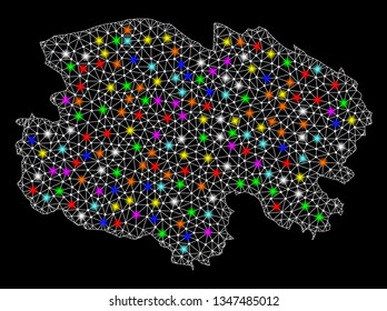 Polygonal vector map of Qinghai Province with glow effect on a black background. Abstract triangles, lines, light colorful spots, dots forms map of Qinghai Province. White mesh,
