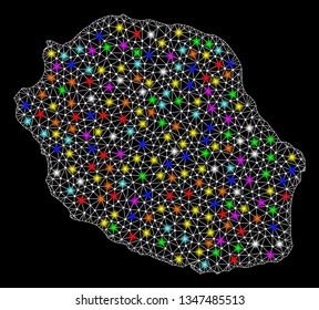 Polygonal vector map of Reunion Island with glow effect on a black background. Abstract triangles, lines, light colorful spots, dots forms map of Reunion Island. White mesh,