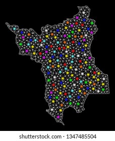 Polygonal vector map of Roraima State with glare effect on a black background. Abstract triangles, lines, light colorful spots, points forms map of Roraima State. White mesh,