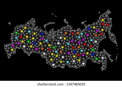 Polygonal vector map of Russia with glow effect on a black background. Abstract triangles, lines, light colorful spots, points forms map of Russia. White mesh,