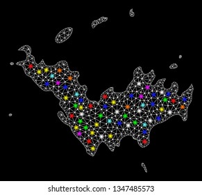 Polygonal vector map of Saint Barthelemy with glare effect on a black background. Abstract triangles, lines, light colorful spots, nodes forms map of Saint Barthelemy. White mesh,