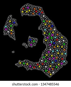 Polygonal vector map of Santorini Island with glare effect on a black background. Abstract triangles, lines, light colorful spots, nodes forms map of Santorini Island. White mesh,