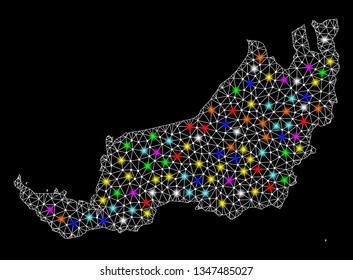 Polygonal vector map of Sarawak with glow effect on a black background. Abstract triangles, lines, light colorful spots, points forms map of Sarawak. White mesh,