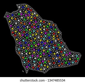Polygonal vector map of Saudi Arabia with glare effect on a black background. Abstract triangles, lines, light colorful spots, dots forms map of Saudi Arabia. White mesh,