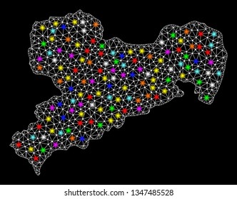 Polygonal vector map of Saxony State with glow effect on a black background. Abstract triangles, lines, light colorful spots, points forms map of Saxony State. White mesh,