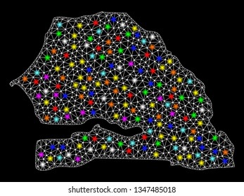 Polygonal vector map of Senegal with glow effect on a black background. Abstract triangles, lines, light colorful spots, dots forms map of Senegal. White mesh,