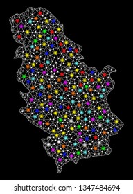 Polygonal vector map of Serbia with glow effect on a black background. Abstract triangles, lines, light colorful spots, dots forms map of Serbia. White mesh,