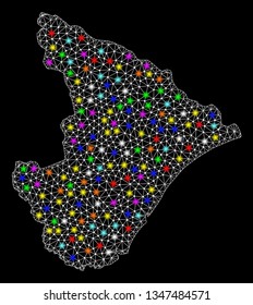 Polygonal vector map of Sergipe State with glare effect on a black background. Abstract triangles, lines, light colorful spots, dots forms map of Sergipe State. White mesh,