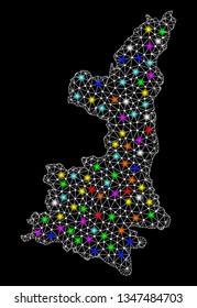 Polygonal vector map of Shaanxi Province with glare effect on a black background. Abstract triangles, lines, light colorful spots, dots forms map of Shaanxi Province. White mesh,