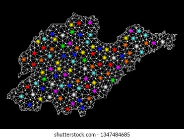 Polygonal vector map of Shandong Province with glow effect on a black background. Abstract triangles, lines, light colorful spots, nodes forms map of Shandong Province. White mesh,