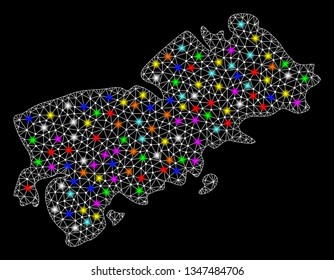 Polygonal vector map of Shikotan Island with glow effect on a black background. Abstract triangles, lines, light colorful spots, dots forms map of Shikotan Island. White mesh,