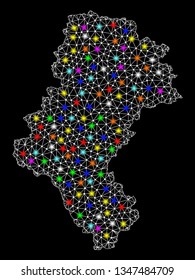 Polygonal vector map of Silesia Province with glare effect on a black background. Abstract triangles, lines, light colorful spots, dots forms map of Silesia Province. White mesh,