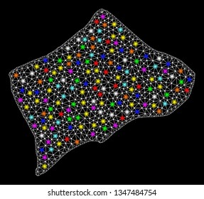 Polygonal vector map of Small Inagua Island with glare effect on a black background. Abstract triangles, lines, light colorful spots, nodes forms map of Small Inagua Island. White mesh,