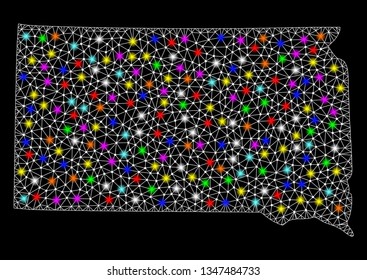 Polygonal vector map of South Dakota State with glow effect on a black background. Abstract triangles, lines, light colorful spots, points forms map of South Dakota State. White mesh,