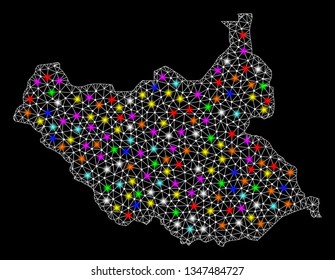 Polygonal vector map of South Sudan with glow effect on a black background. Abstract triangles, lines, light colorful spots, dots forms map of South Sudan. White mesh,