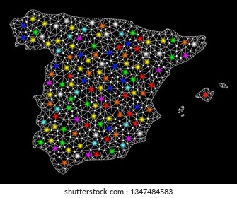 Polygonal vector map of Spain with glow effect on a black background. Abstract triangles, lines, light colorful spots, nodes forms map of Spain. White mesh,