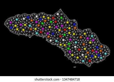 Polygonal vector map of Sumba Island with glow effect on a black background. Abstract triangles, lines, light colored spots, nodes forms map of Sumba Island. White mesh,
