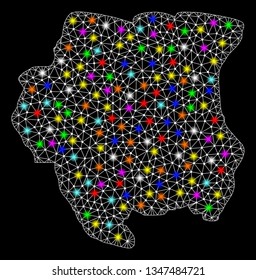 Polygonal vector map of Suriname with glow effect on a black background. Abstract triangles, lines, light colorful spots, nodes forms map of Suriname. White mesh,