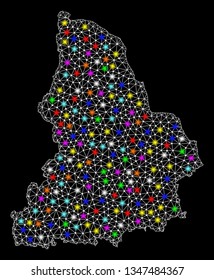 Polygonal vector map of Sverdlovsk Region with glare effect on a black background. Abstract triangles, lines, light colorful spots, nodes forms map of Sverdlovsk Region. White mesh,