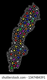 Polygonal vector map of Sweden with glow effect on a black background. Abstract triangles, lines, light colorful spots, dots forms map of Sweden. White mesh,