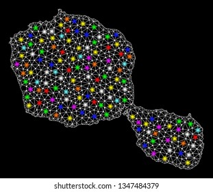 Polygonal vector map of Tahiti Island with glow effect on a black background. Abstract triangles, lines, light colorful spots, points forms map of Tahiti Island. White mesh,