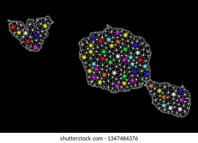 Polygonal vector map of Tahiti and Moorea islands with glow effect on a black background. Abstract triangles, lines, light colorful spots, nodes forms map of Tahiti and Moorea islands. White mesh,