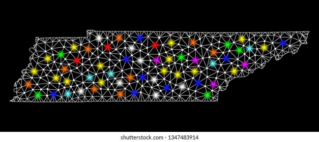 Polygonal vector map of Tennessee State with glare effect on a black background. Abstract triangles, lines, light colorful spots, dots forms map of Tennessee State. White mesh,