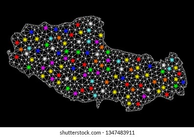 Polygonal vector map of Tibet with glow effect on a black background. Abstract triangles, lines, light colorful spots, nodes forms map of Tibet. White mesh,