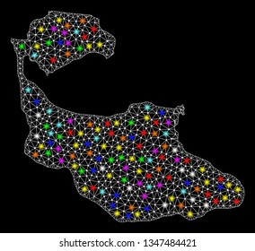 Polygonal vector map of Tiran Island with glow effect on a black background. Abstract triangles, lines, light colorful spots, nodes forms map of Tiran Island. White mesh,