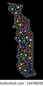 Polygonal vector map of Togo with glare effect on a black background. Abstract triangles, lines, light colorful spots, points forms map of Togo. White mesh,