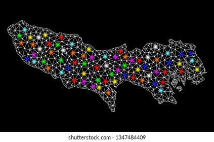 Polygonal vector map of Tokyo Prefecture with glow effect on a black background. Abstract triangles, lines, light colored spots, nodes forms map of Tokyo Prefecture. White mesh,