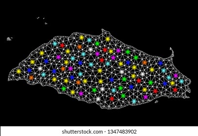 Polygonal vector map of Tortuga Island with glare effect on a black background. Abstract triangles, lines, light colorful spots, nodes forms map of Tortuga Island. White mesh,