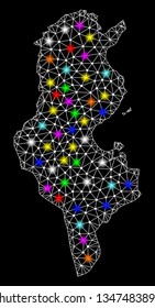 Polygonal vector map of Tunisia with glare effect on a black background. Abstract triangles, lines, light colorful spots, points forms map of Tunisia. White mesh,
