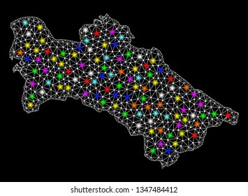 Polygonal vector map of Turkmenistan with glare effect on a black background. Abstract triangles, lines, light colorful spots, points forms map of Turkmenistan. White mesh,