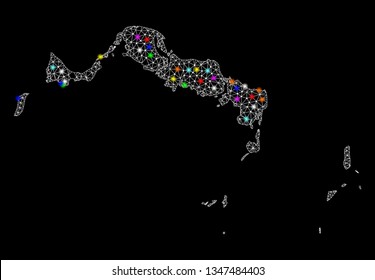 Polygonal vector map of Turks and Caicos Islands with glow effect on a black background. Abstract triangles, lines, light colorful spots, dots forms map of Turks and Caicos Islands. White mesh,