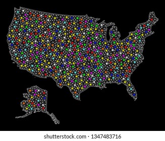 Polygonal vector map of USA and Alaska with glow effect on a black background. Abstract triangles, lines, light colorful spots, points forms map of USA and Alaska. White mesh,