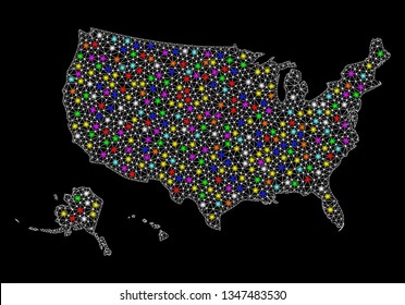 Polygonal vector map of USA territories with glow effect on a black background. Abstract triangles, lines, light colorful spots, nodes forms map of USA territories. White mesh,