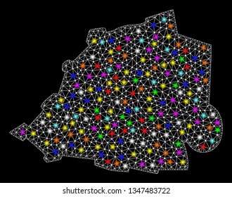 Polygonal vector map of Vatican with glow effect on a black background. Abstract triangles, lines, light colored spots, dots forms map of Vatican. White mesh,